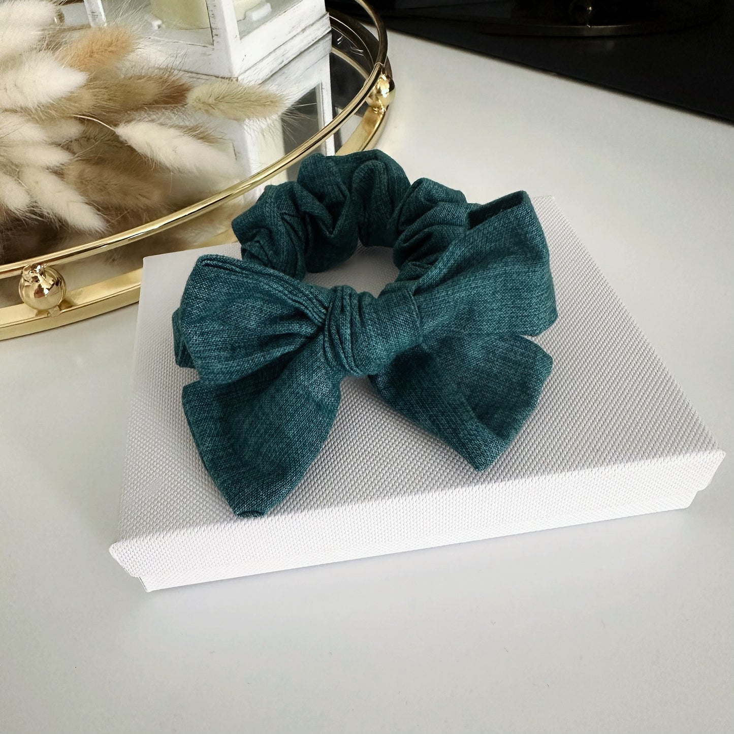 Bow Scrunchie - Teal Linen Texture