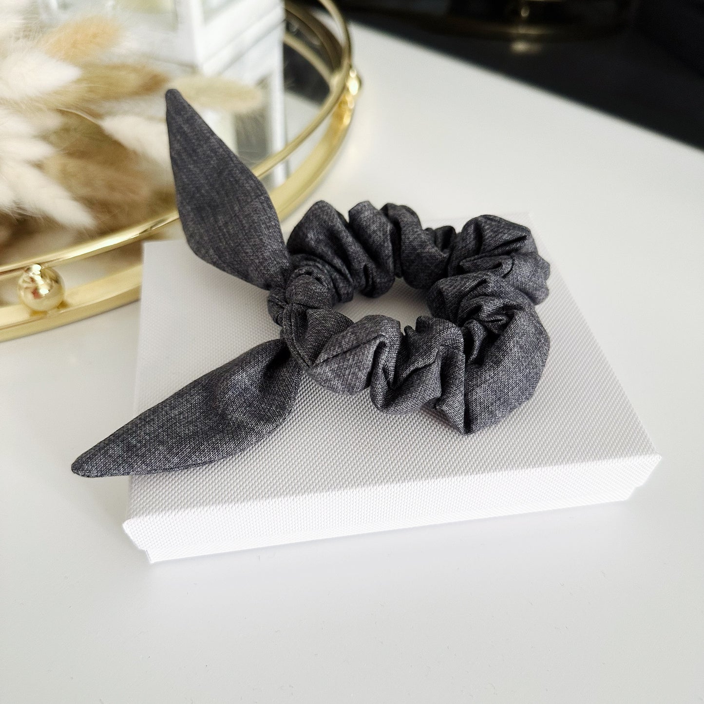 Bunny Ears Scrunchie Charcoal Linen Look
