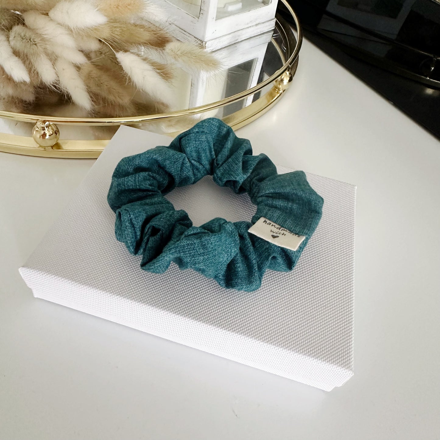 Plain Scrunchie Teal Linen Texture